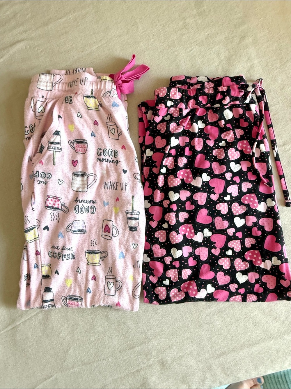Two pairs of pj bottoms. Cozy Pink Coffee & Heart Pajama Bottoms Set